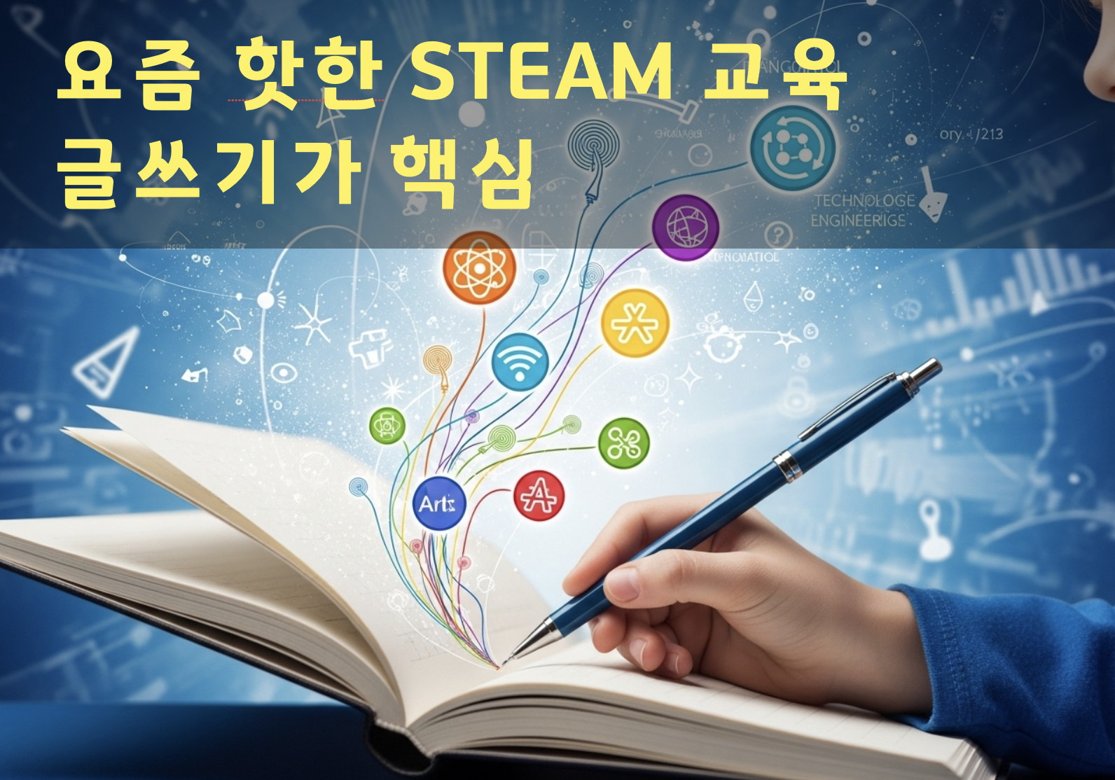 펜으로 글을 쓰자, 그 내용이 STEAM 교육의 요소를 나타내는 기호로 변하는 모습을 담은 이미지