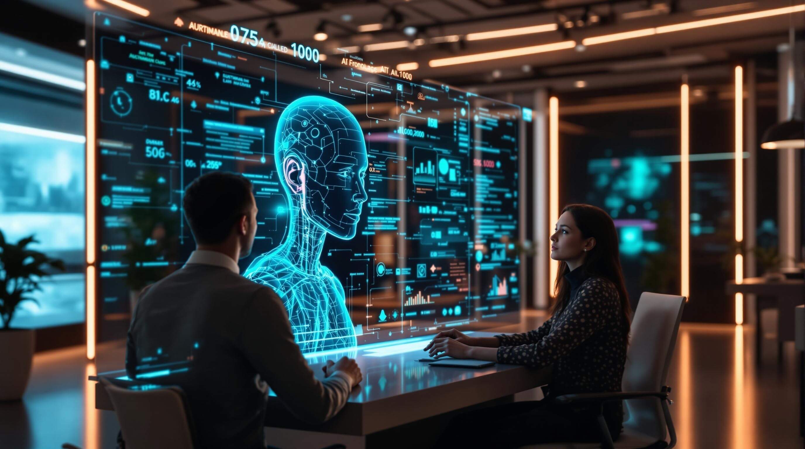 AI 기술이 탑재된 고급 디지털 인터페이스 앞에서 두 명의 사람이 대화를 나누는 장면. 인터페이스에는 인간 형태의 3D 홀로그램이 중심에 있으며, 데이터와 그래프가 화면에 시각적으로 표현되고 있다. 현대적이고 미래지향적인 사무실 배경은 따뜻한 조명과 정교한 기술 환경을 강조한다