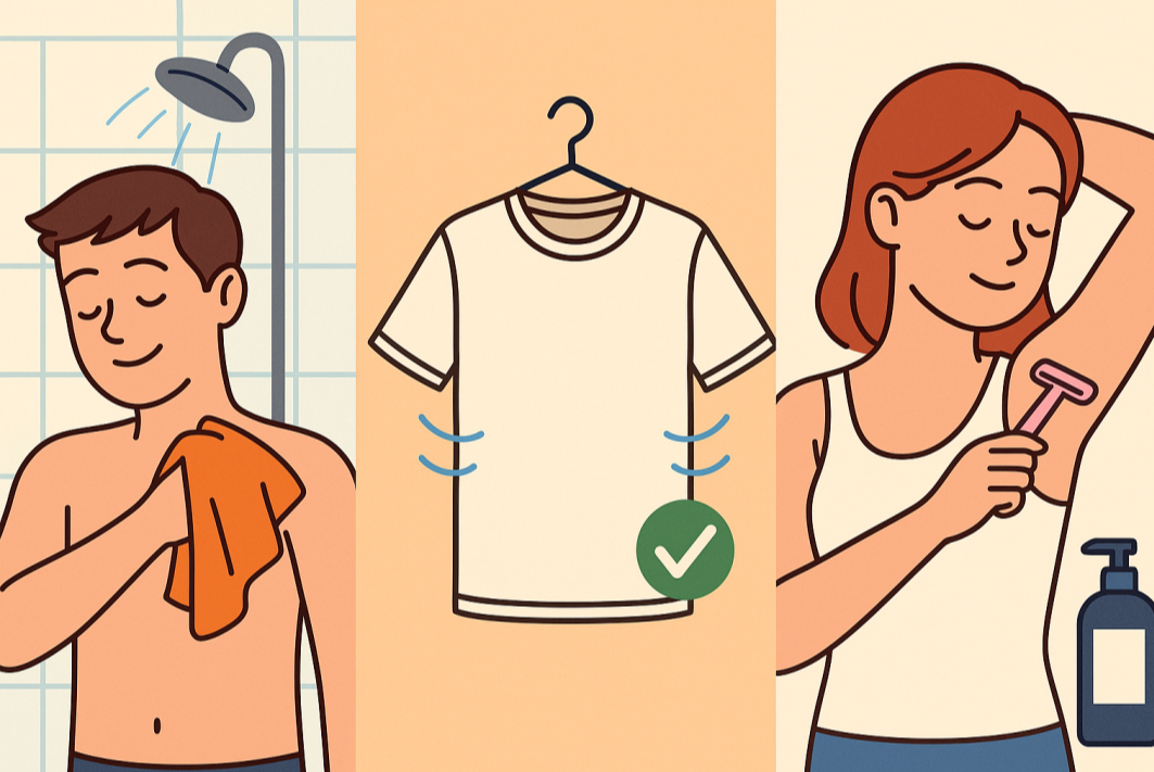 겨드랑이 냄새를 줄이기 위한 위생 관리 습관을 소개하는 일러스트로, 샤워 후 건조, 면소재 옷 착용, 겨드랑이 제모 장면이 포함된 블로그용 설명 이미지