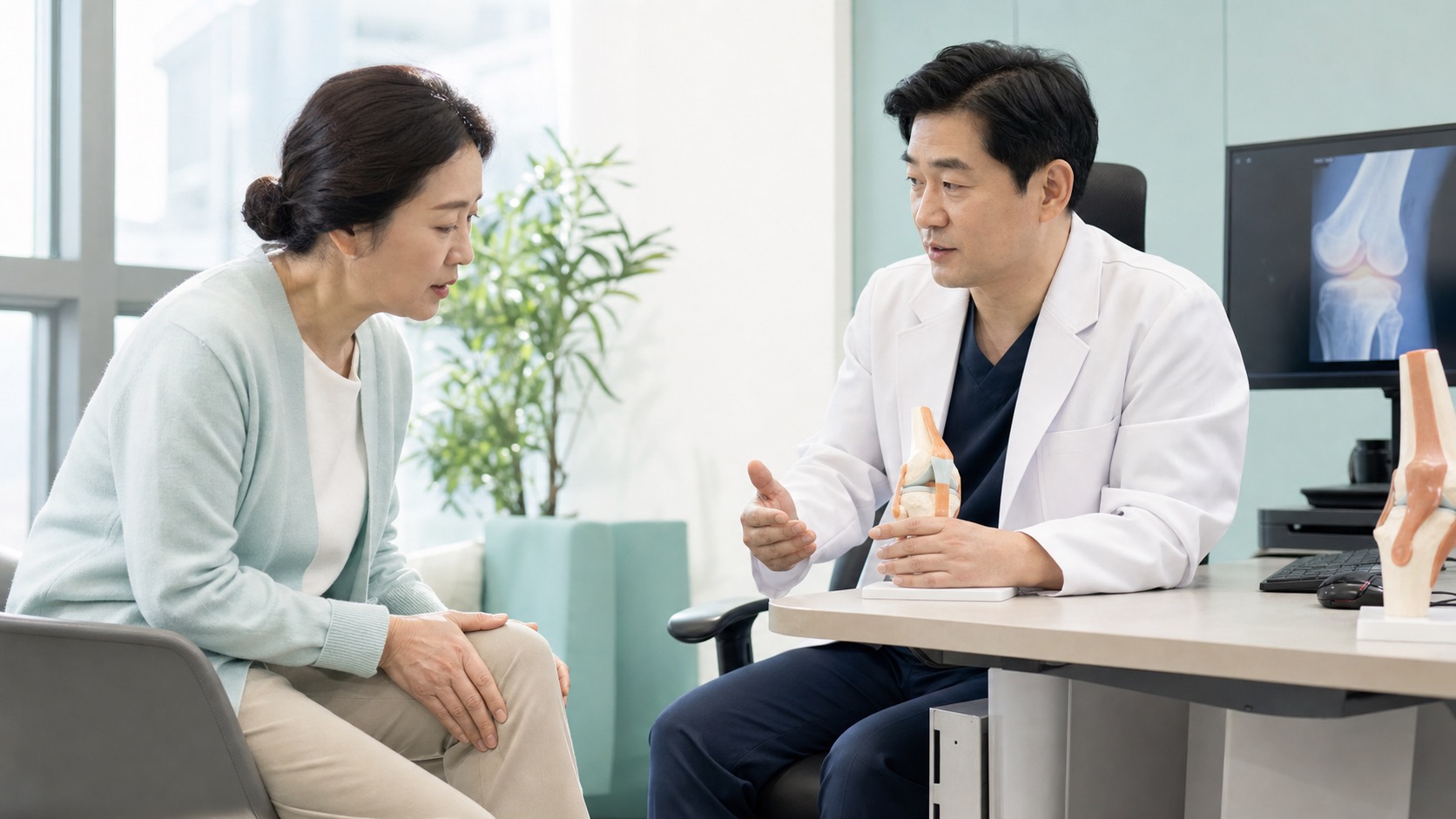 정형외과 진료실에서 무릎 통증 병원 상담을 받는 중년 인물