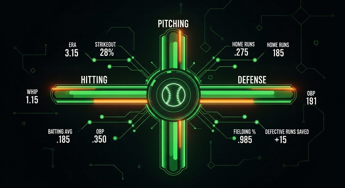 AI가 분석한 기아 타이거즈의 핵심 강점들을 보여주는 데이터 시각화 인포그래픽, 투수력, 타격, 수비 지표가 녹색과 주황색으로 강조되어 있음.