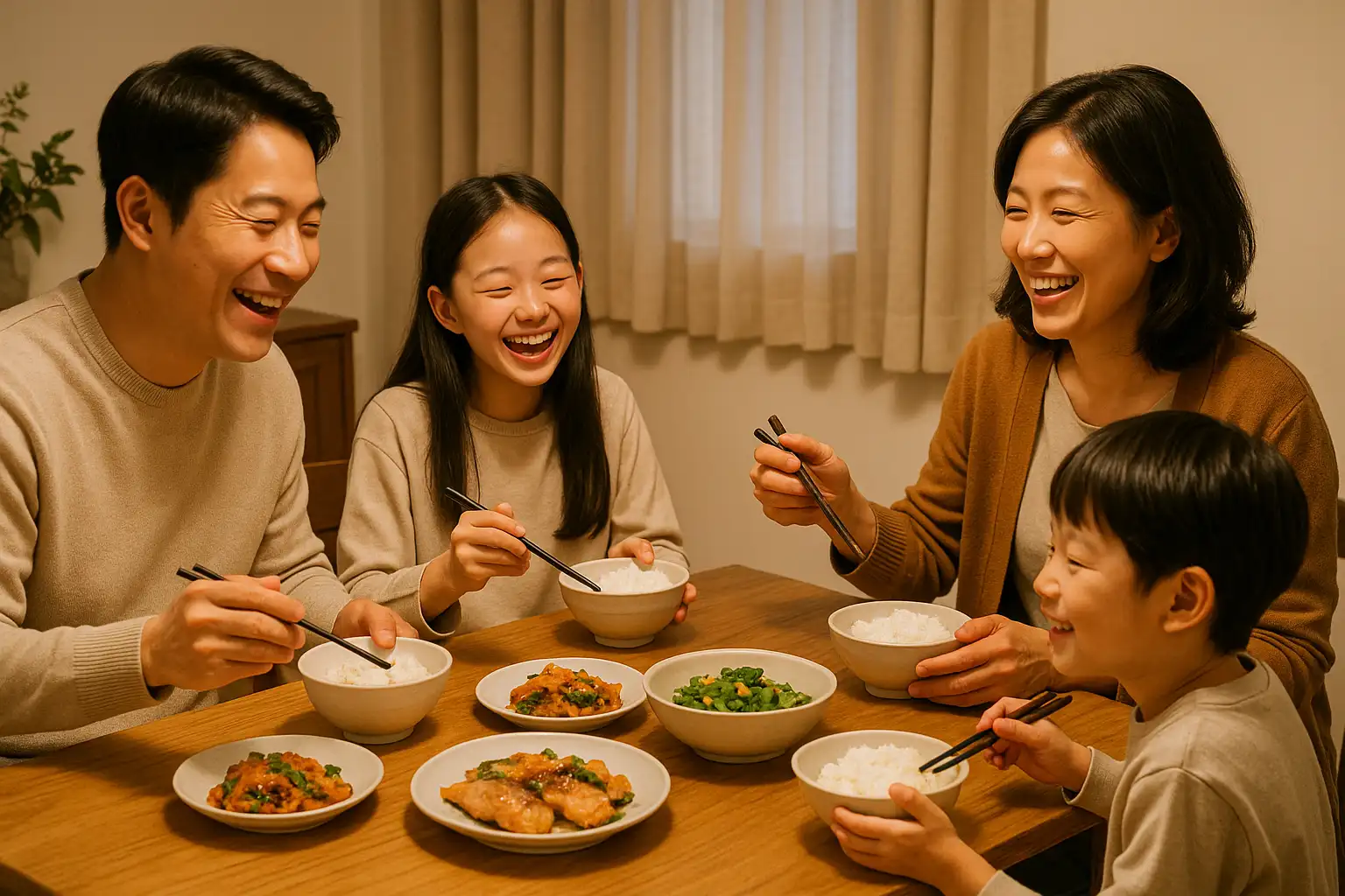 가족과 함께 웃으며 천천히 식사하는 장면