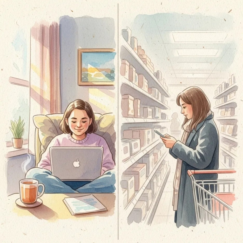 집에서 온라인 쇼핑하는 모습과 매장 쇼핑 모습