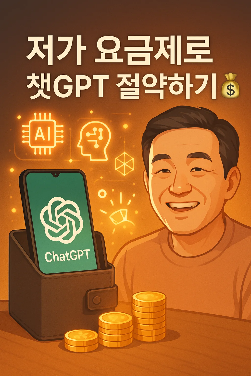 챗GPT 로고가 보이고,
AI 아이콘과 동전, 미소 짓는 중년 사용자가 함께 있는 이미지로.
‘저가 요금제로 챗GPT 절약하기💰’라는 문구