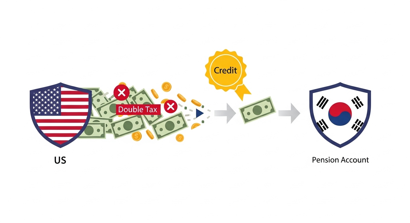 미국 국기와 한국 국기 사이에 돈이 오가며 세금 두 번 내는 아이콘이 X 표시된 모습