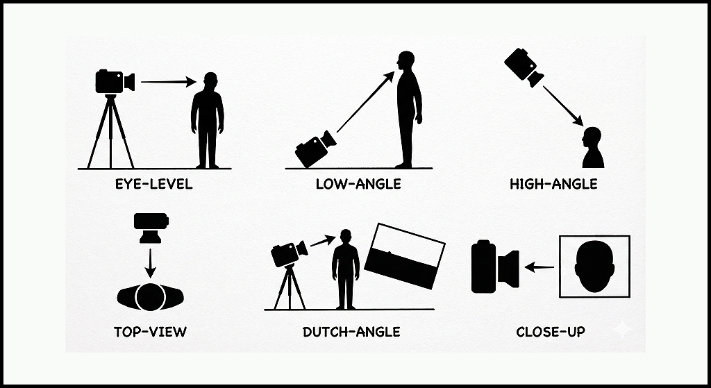 Eye-level, Low-angle, High-angle, Top-view, Dutch-angle, Close-up 등 6가지 카메라 시점을 라인 아이콘으로 설명한 인포그래픽 이미지_Nanobanana Pro