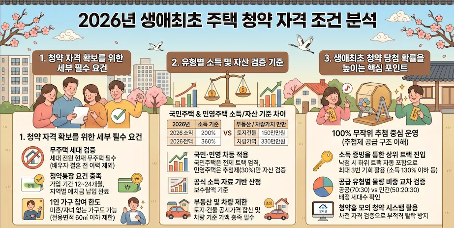 2026년 생애최초 주택 청약 자격 조건과 공급 안내 일러스트 - 세대 무주택 요건 및 청약통장 기준 시각화 자료