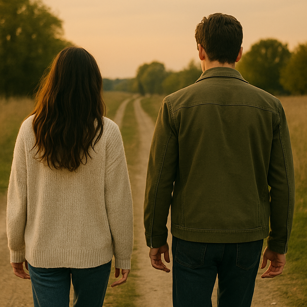 거리를 두고 걷는 남녀 주인공의 뒷모습