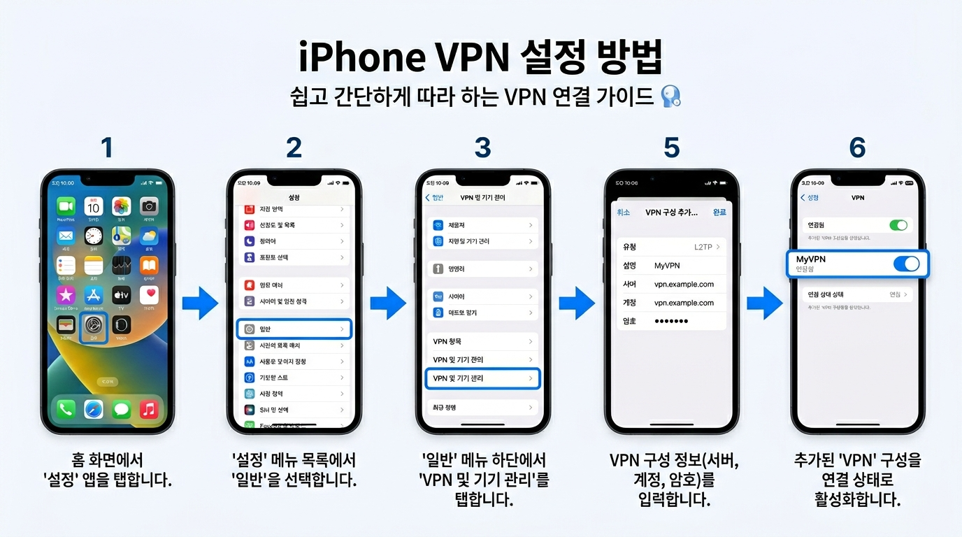 아이폰 VPN 설정 단계별 메뉴 화면 인포그래픽