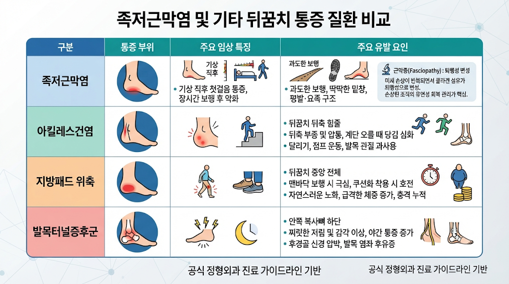 족저근막염 및 기타 뒤꿈치 통증 특징 비교