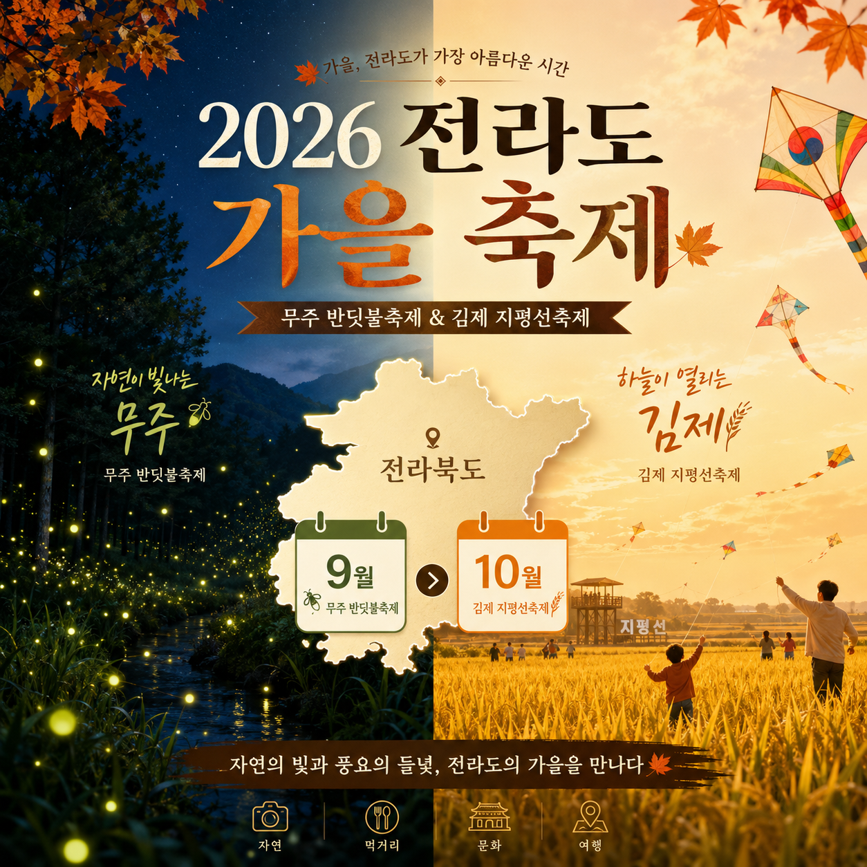 2026 전라도 가을 축제 일정과 무주 반딧불축제 김제 지평선축제를 비교한 이미지