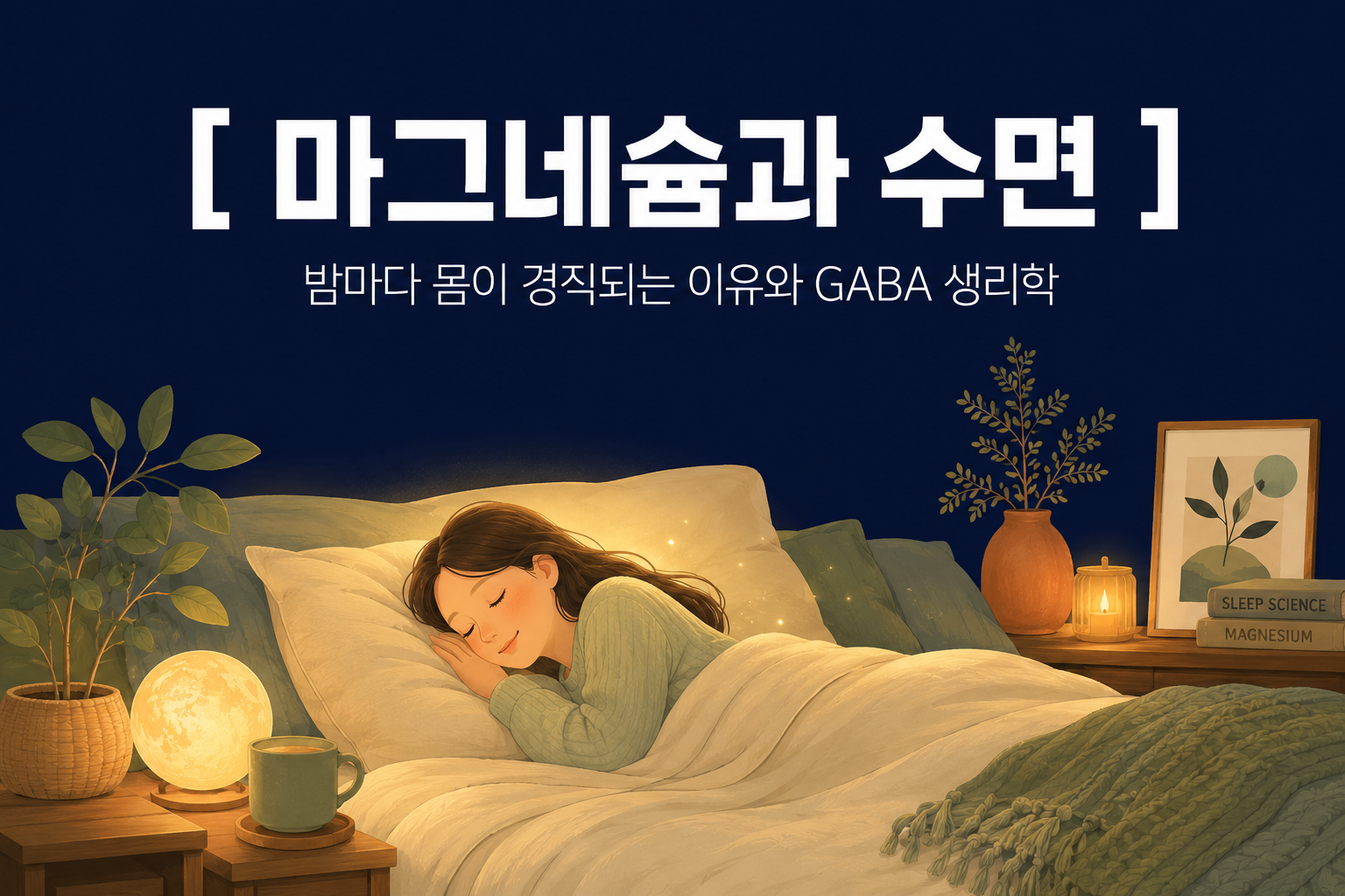 어두운 인디고 배경 상단에 한글로 "[ 마그네슘과 수면 ]"이라는 타이틀과 "밤마다 몸이 경직되는 이유와 GABA 생리학"이라는 부제가 적혀 있고, 하단에는 은은한 달 조명과 촛불이 켜진 따뜻한 침실에서 한 여성이 이불을 덮고 편안하게 잠들어 있는 손그림 일러스트가 담긴 깊은잠 연구소의 웰니스 매거진 썸네일 이미지.