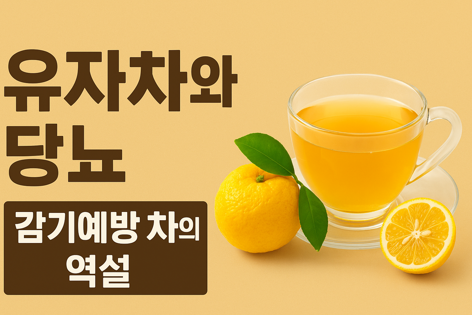 “유자차와 당뇨, 감기예방 차의 역설”이라는 문구가 적힌 따뜻한 톤의 썸네일 이미지로, 오른쪽에는 투명한 유리잔에 담긴 유자차와 노란 유자, 유자 단면이 놓여 있고 왼쪽에는 진한 갈색 글씨로 제목이 강조되어 있습니다.