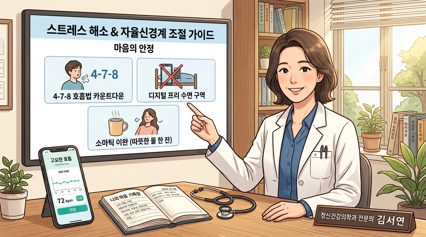 아늑하고 정돈된 대학병원 신경정신과 진료실에서 보건 의학 전문가 선생님이 대형 인포그래픽 모니터를 가리키며 무분별한 과로와 각성제 남용이 유발하는 HPA 축 폭주 및 심박변이도 저하 메커니즘을 조목조목 설명하고, 스트레스 해소 법 수칙과 마음의 고요함을 받아들이는 멘탈관리 수칙에 대한 해답으로 올바른 호흡 제어 및 수분 완충 행동 수칙을 환자에게 다정하게 안내해 주는 2D 일러스트 이미지.