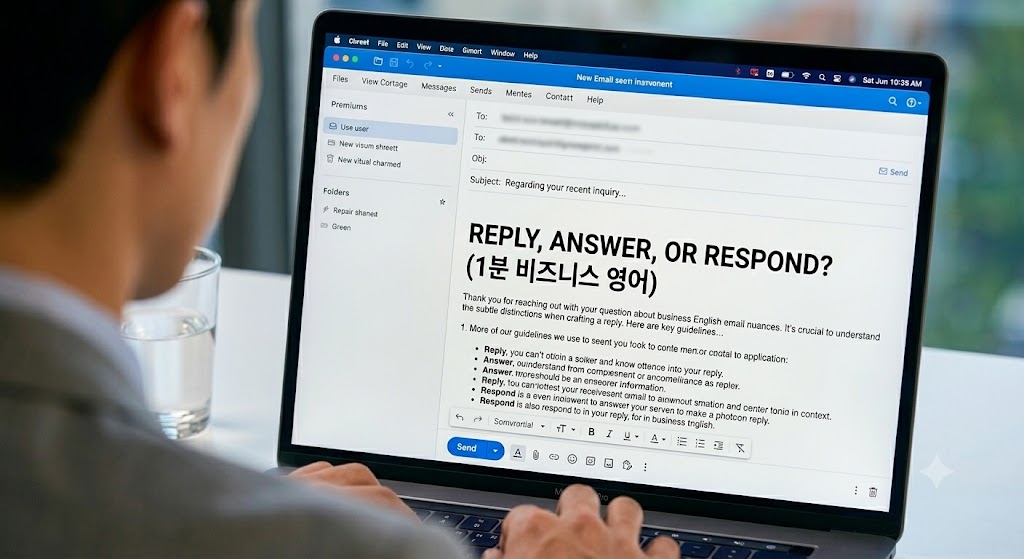 회색 정장을 입은 직장인의 왼쪽 어깨 너머로 노트북 화면을 클로즈업한 실사 사진. 화면에는 영문 이메일 작성 창이 크게 열려 있으며, 본문 상단에 'REPLY, ANSWER, OR RESPOND? (1분 비즈니스 영어)'라는 문구와 함께 정중한 비즈니스 영어 가이드라인 텍스트가 정돈되어 적혀 있음. 왼편에는 투명한 물잔이 살짝 보임.