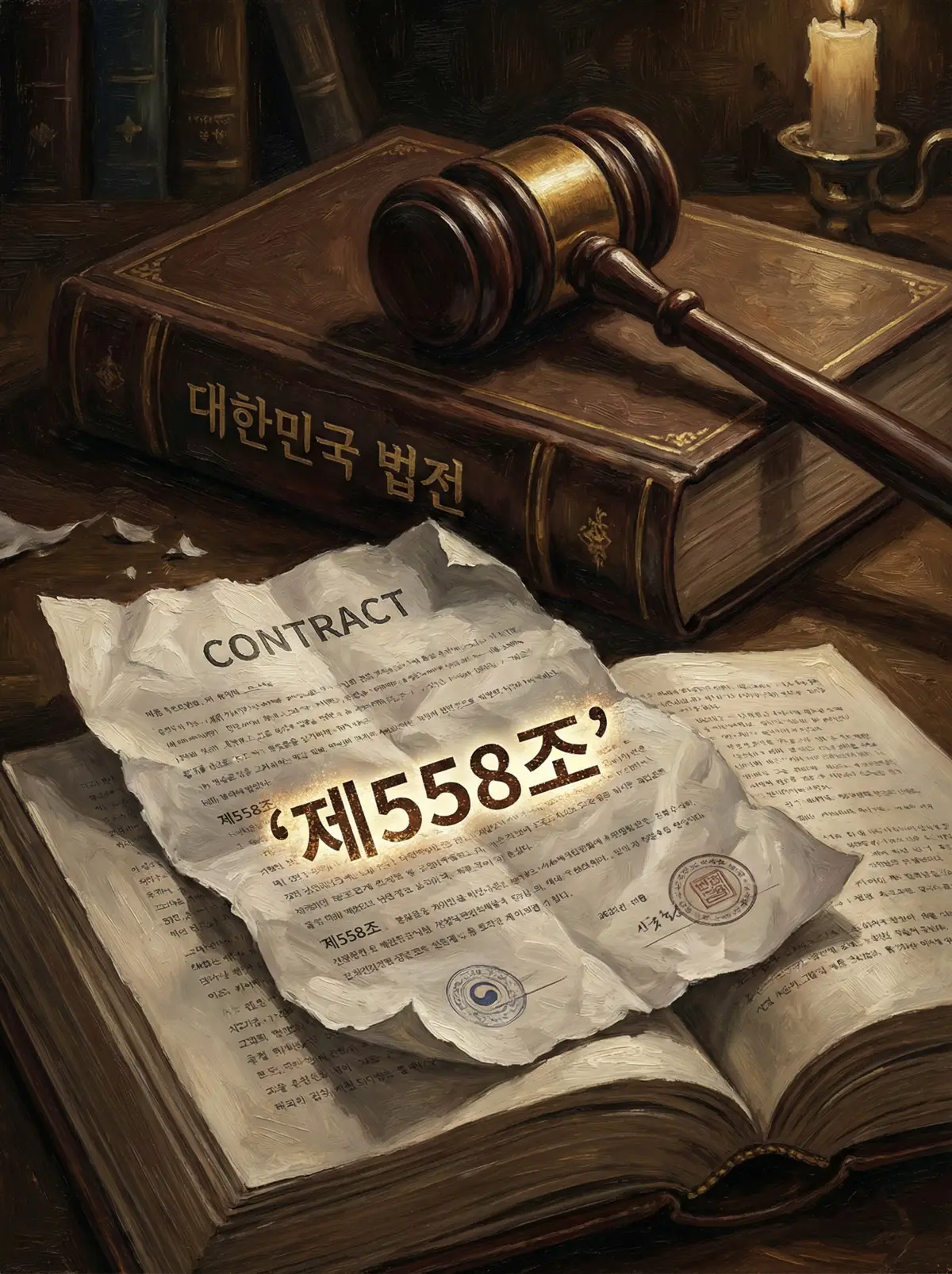 법전 위에 놓인 판사봉과 찢어진 계약서