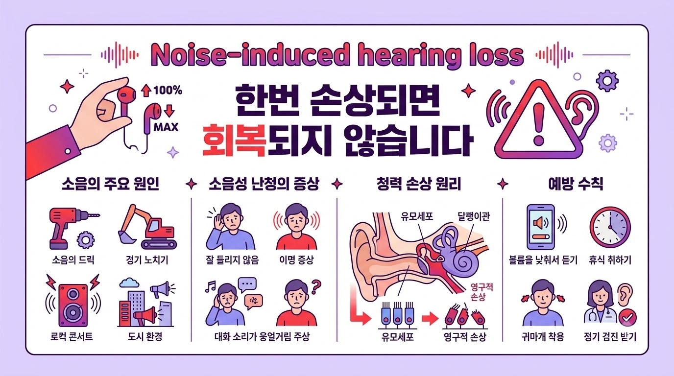 소음성 난청이 회복되지 않는다는 경고를 보여주는 인포그래픽