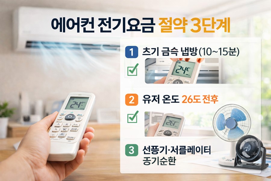 에어컨 전기요금을 줄이기 위해 초기 급속 냉방, 유지 온도 설정, 선풍기 또는 서큘레이터 공기순환을 3단계 체크리스트로 정리한 이미지입니다.