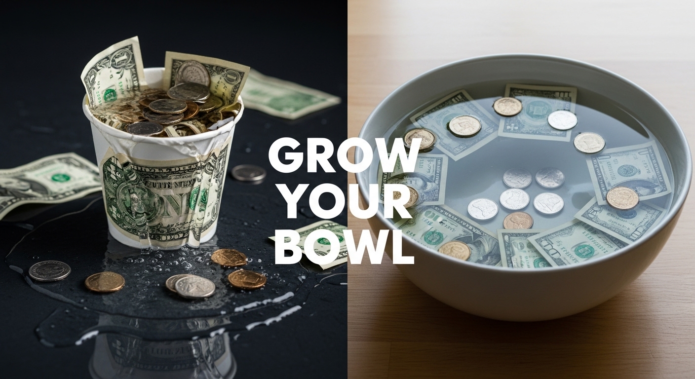 작은 컵(내 그릇)에 물(돈)이 넘쳐흐르는 모습과 큰 그릇에 물이 안정적으로 담긴 모습을 비교하는 이미지