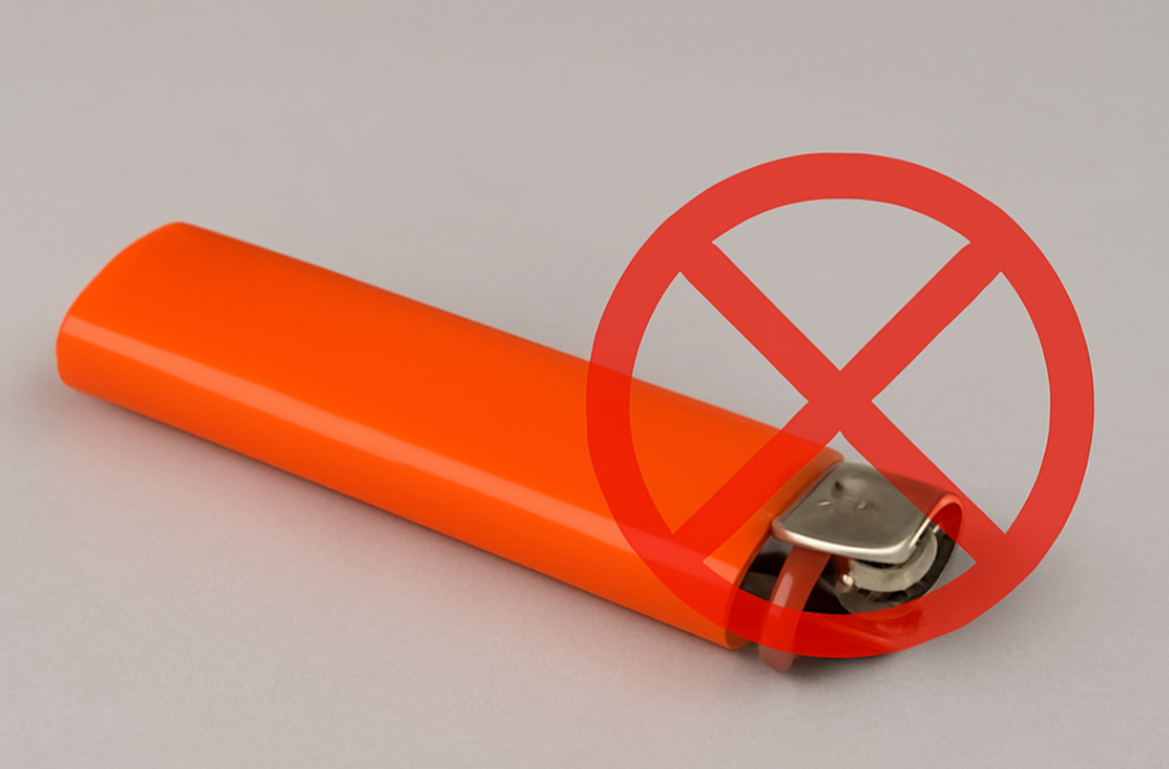 차량 내부에 두면 위험한 오렌지색 라이터 사진, 고온으로 인한 폭발 위험 경고 이미지