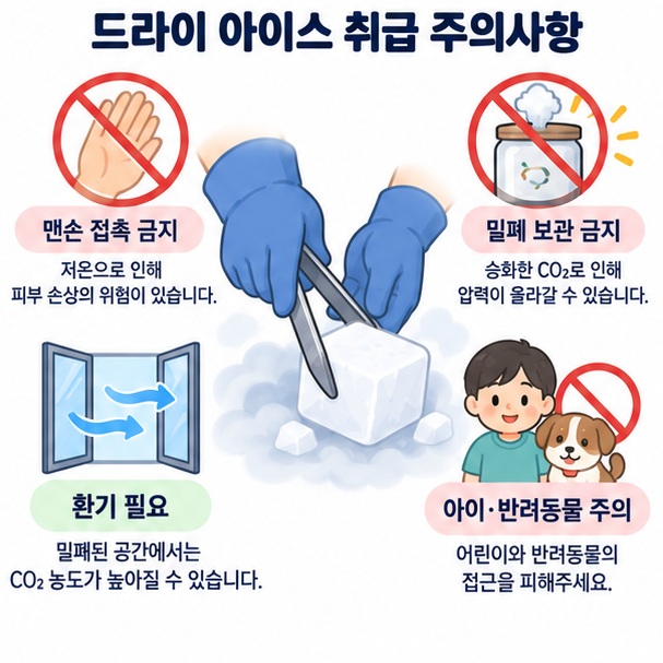 드라이아이스를 장갑과 집게로 다루고 밀폐 용기와 환기 부족을 피하는 안전수칙 이미지