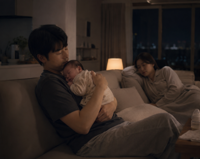 “새벽 수유 후 아기를 안고 재우는 아빠와 지친 엄마의 신생아 육아 일상 모습”