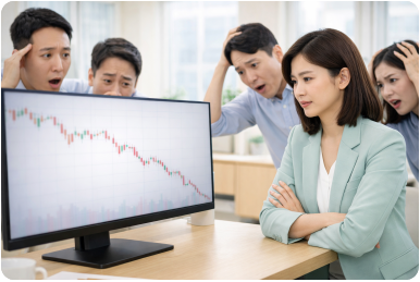 급락 상황에서 혼란과 공포가 나타나는 장면