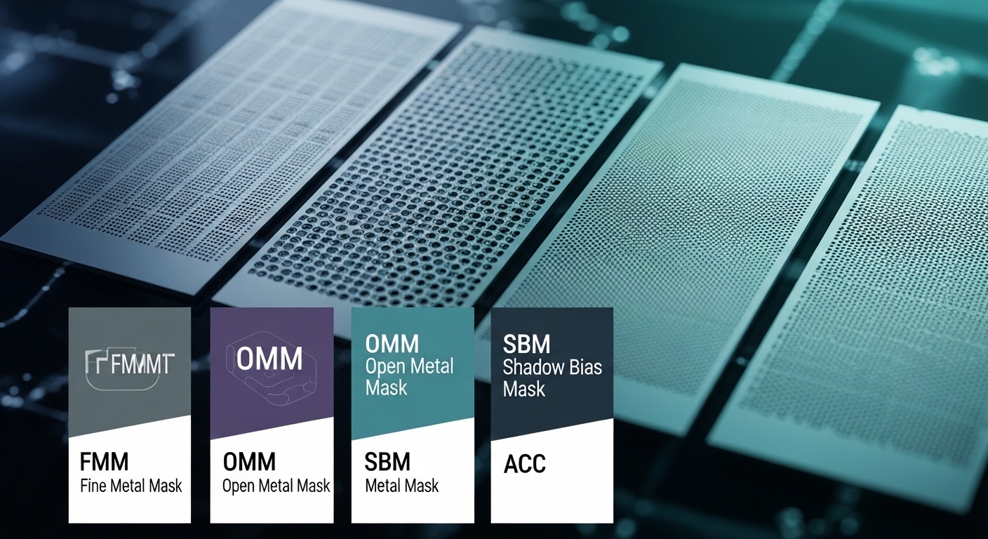 Precision metal thin film manufacturing showcase. Macro photography of ultra-thin metal sheets with microscopic holes. Four product cards FMM Fine Metal Mask, OMM Open Metal Mask, SBM Shadow Bias Mask, ACC. Teal and dark background, high-tech laboratory aesthetic. English labels only. No Korean text.
