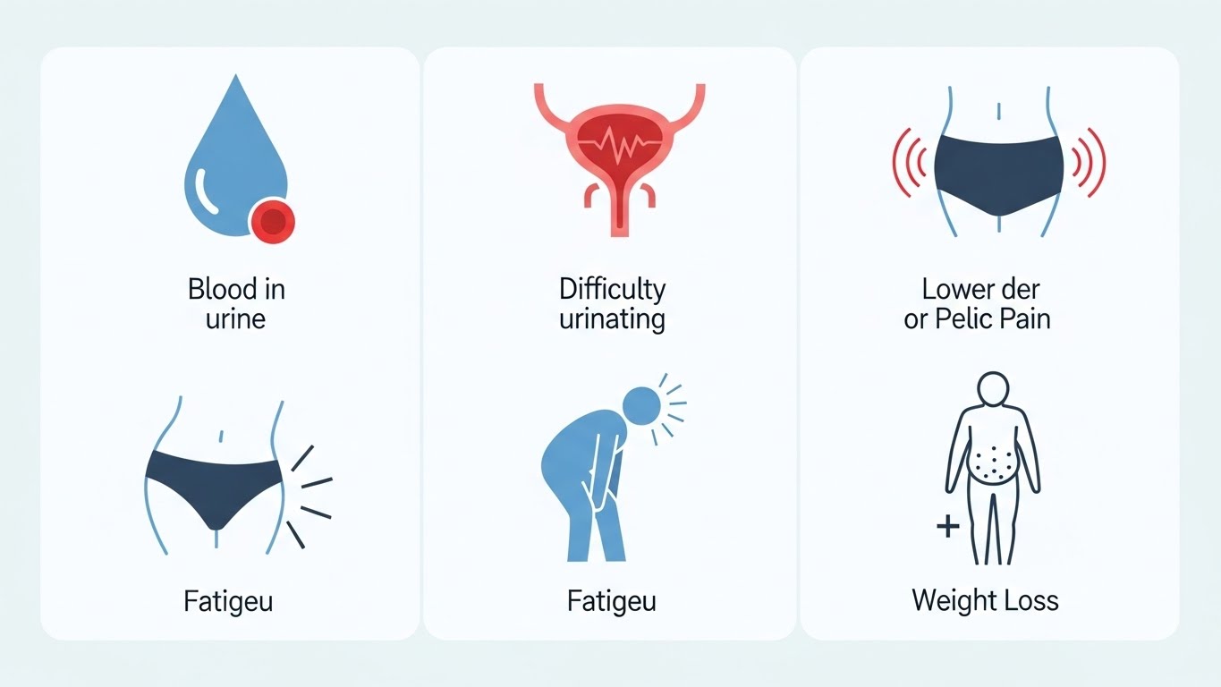 소변의 혈액,-배뇨-곤란,-허리-또는-골반-통증,-피로,-체중-감소를-나타내는-추상적인-아이콘이-있는-상징적인-의료-이미지입니다.