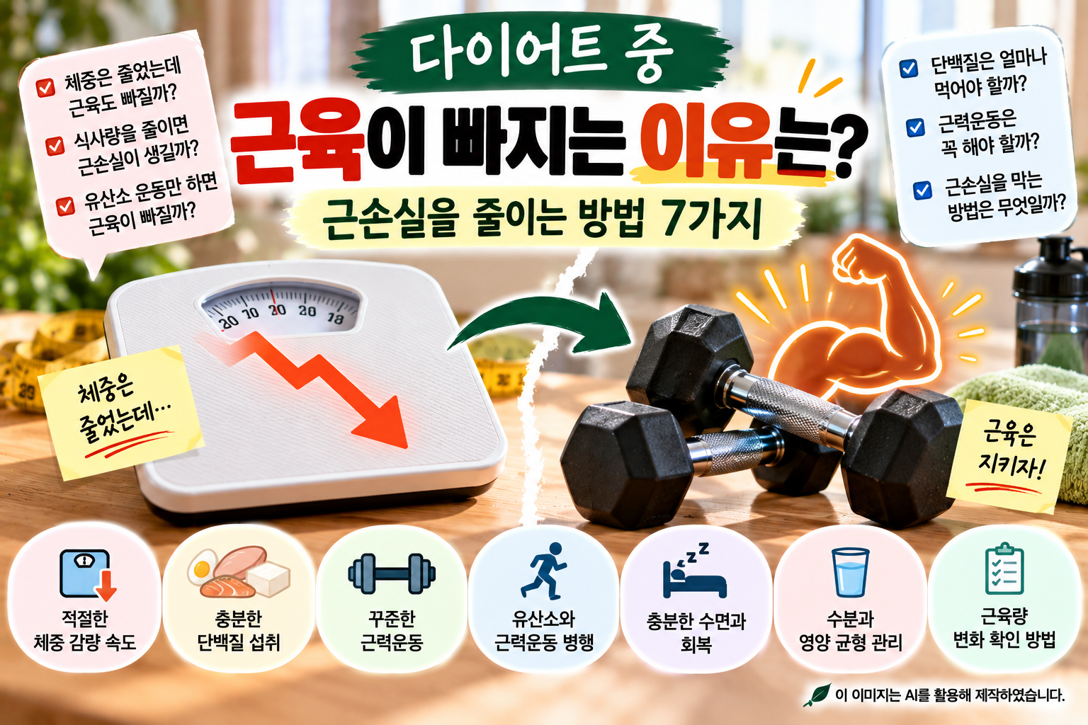 다이어트 중 근육량이 감소하는 원인과 단백질 섭취, 근력운동, 적절한 체중 감량 속도 등 근손실을 줄이는 7가지 방법을 설명하는 이미지
