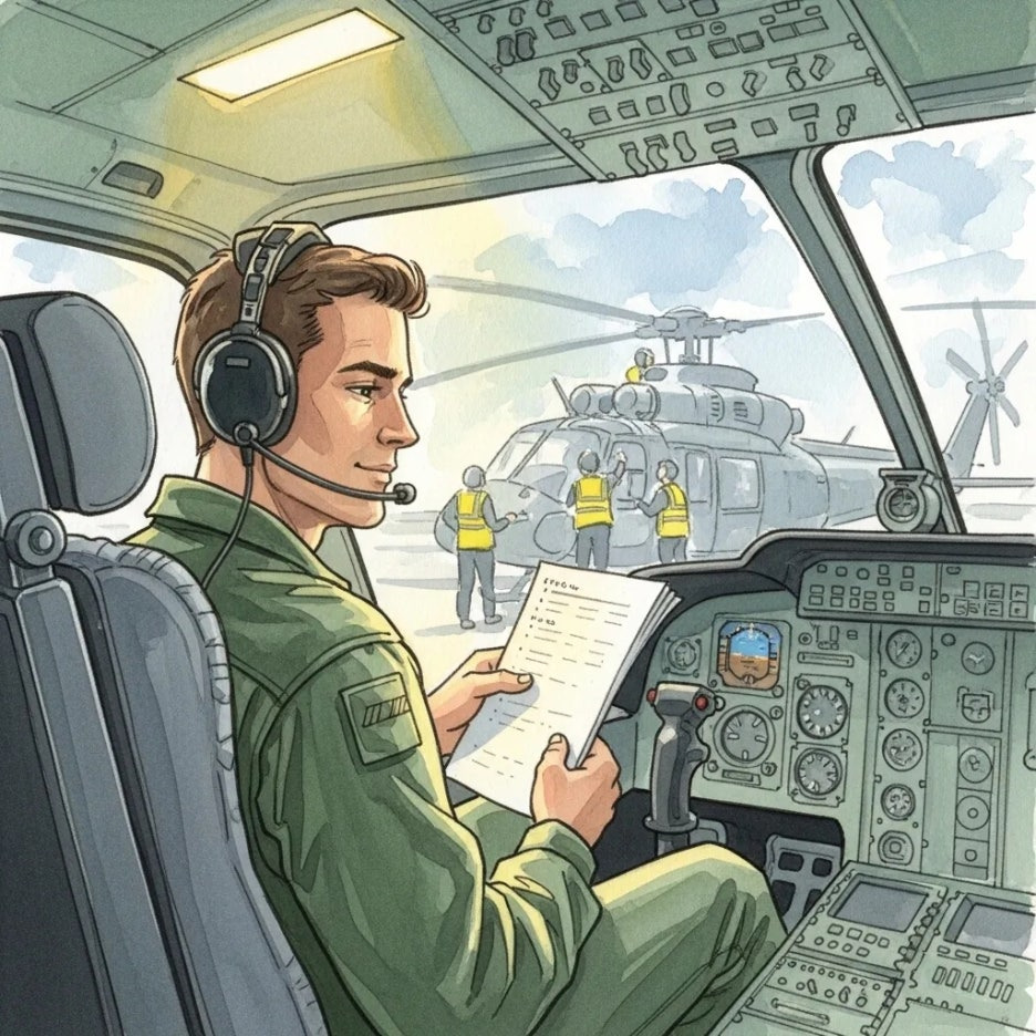 비행 전 안전 점검하는 조종사와 헬기