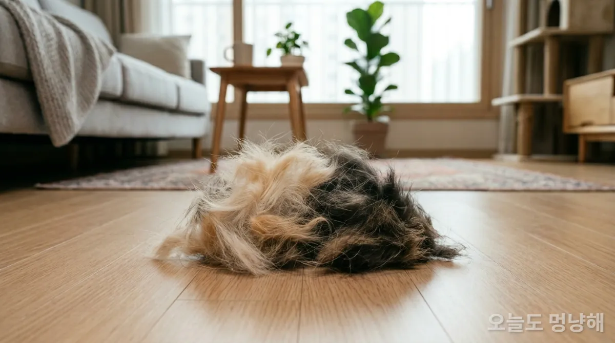 바닥에 쌓인 다양한 색깔의 고양이 털 뭉치 클로즈업