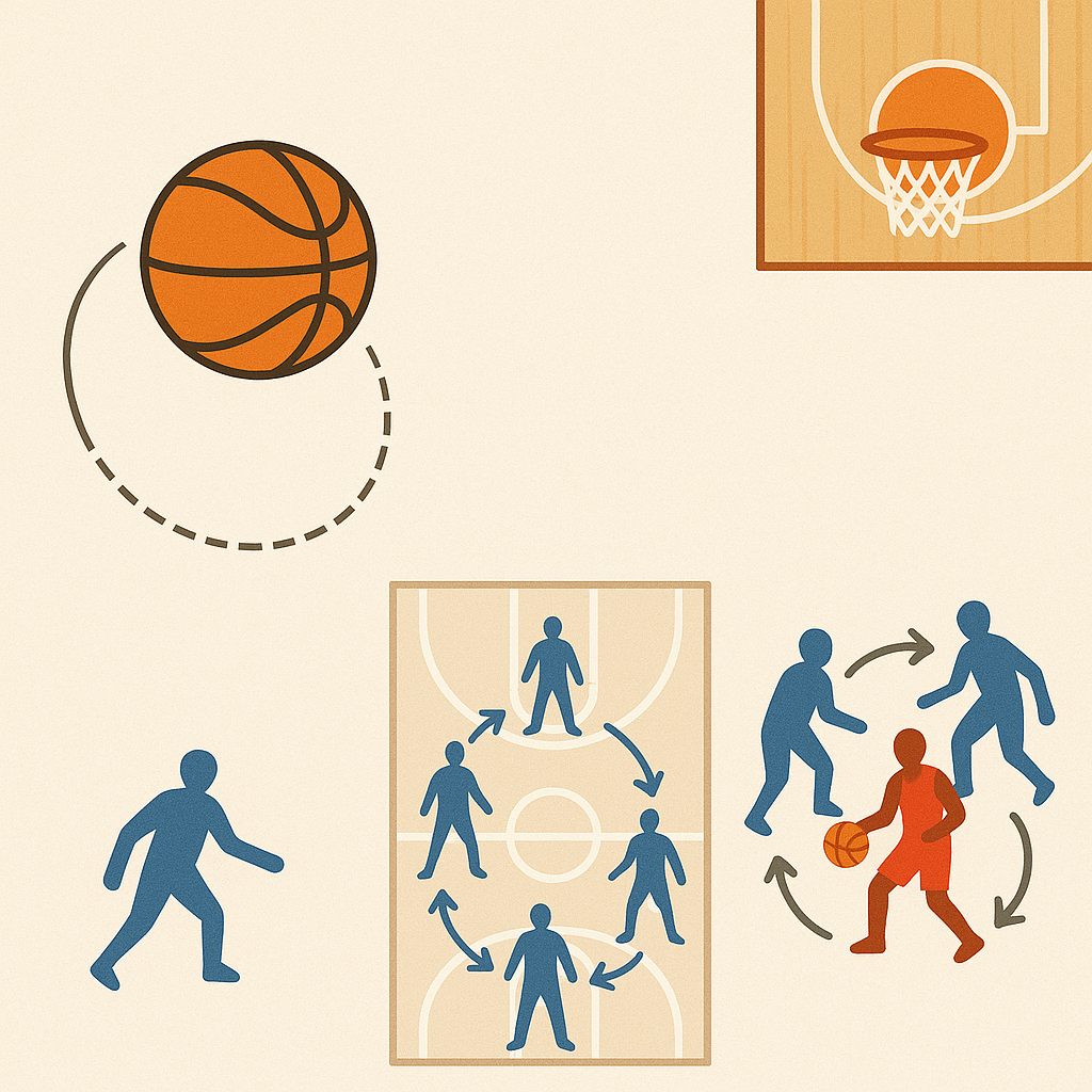 농구 전술 개념을 시각화한 일러스트: 3점 슛, 스페이싱과 플로어밸런스, 헬프디펜스와 수비 로테이션 장면을 표현한 그래픽