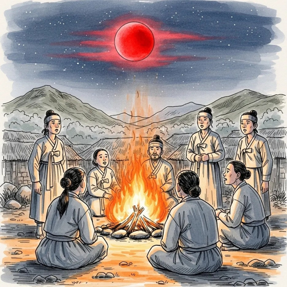 옛 사람들이 붉은 달을 바라보는 모습
