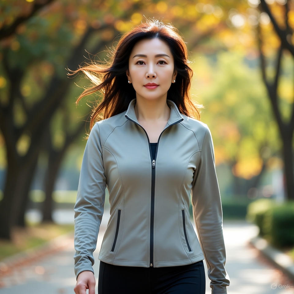 40대 중년 여성이 전원주택 근처에서 산책하는 모습