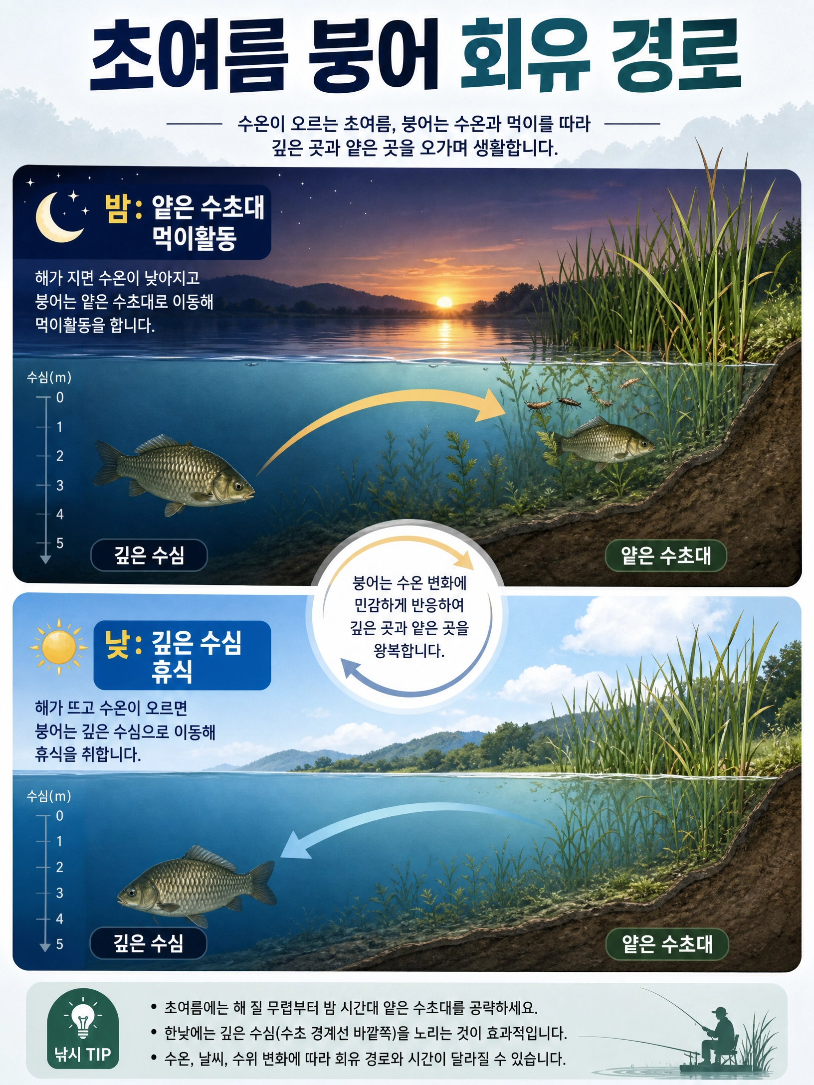 초여름 낮과 밤에 따른 붕어의 수심별 회유 경로 및 이동 동선 안내
