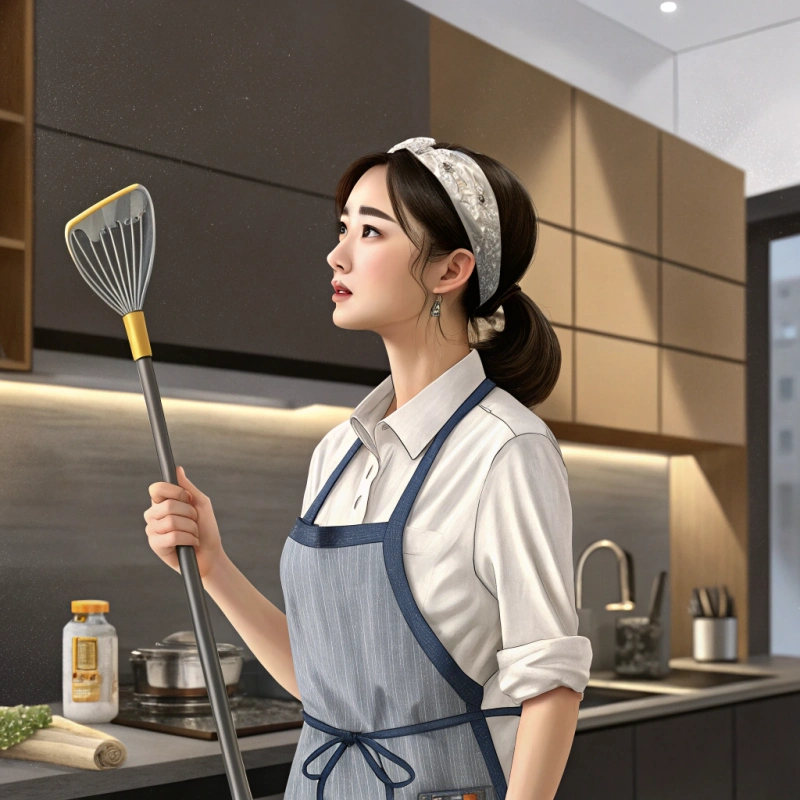 주방에서 청소를 할까, 요리를 할까 고민하는 모습을 풍자한 이미지