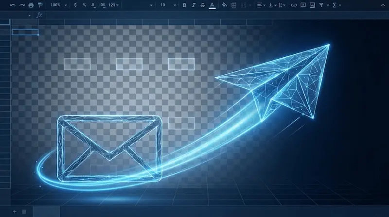 구글 시트 데이터를 활용해 지메일이 자동으로 대량 발송되는 모습을 형상화한 이미지