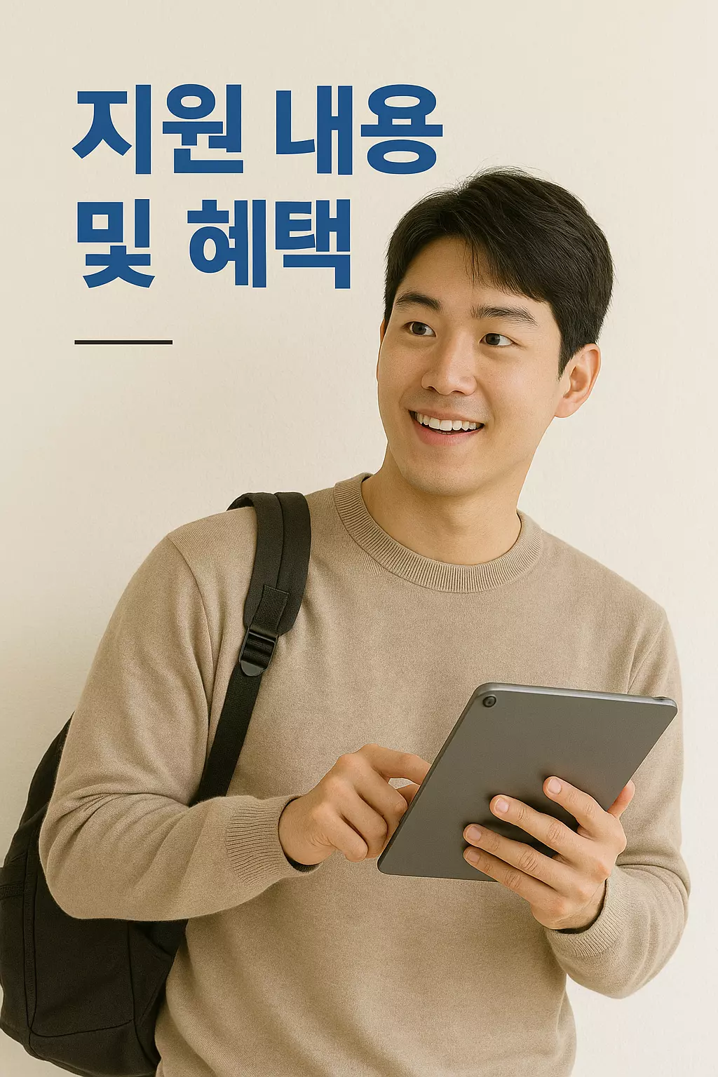 경기도 청년 복지 포인트 지원 내용과 혜택을 확인하는 청년 남성의 모습, 태블릿을 들고 밝게 웃고 있음