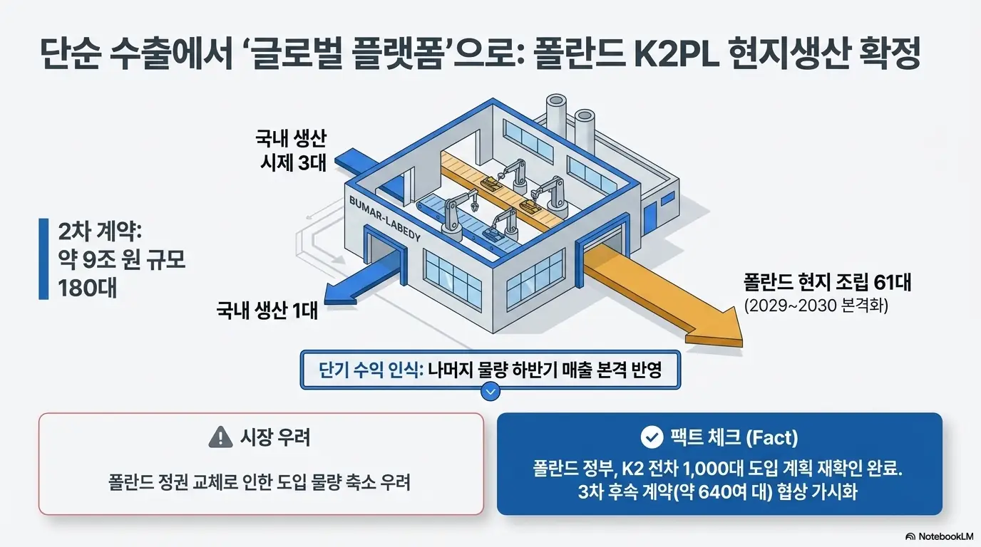 현대로템 주가 전망: 현대로템 K2PL 전차의 폴란드 현지생산 확정을 보여주는 이미지. 약 9조원 규모 2차 계약 180대 중 부마르 와벤디 공장에서 61대를 현지 조립(2029~2030년 본격화)하는 구조. 폴란드 정부의 K2 전차 1&amp;#44;000대 도입 계획 재확인과 3차 후속 계약 협상 가시화 내용 포함. 