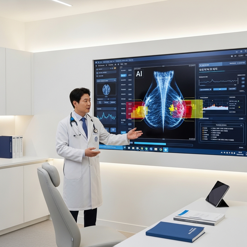 discussing radiology scan results with a large AI diagnostic system displayed on a wall-mounted screen