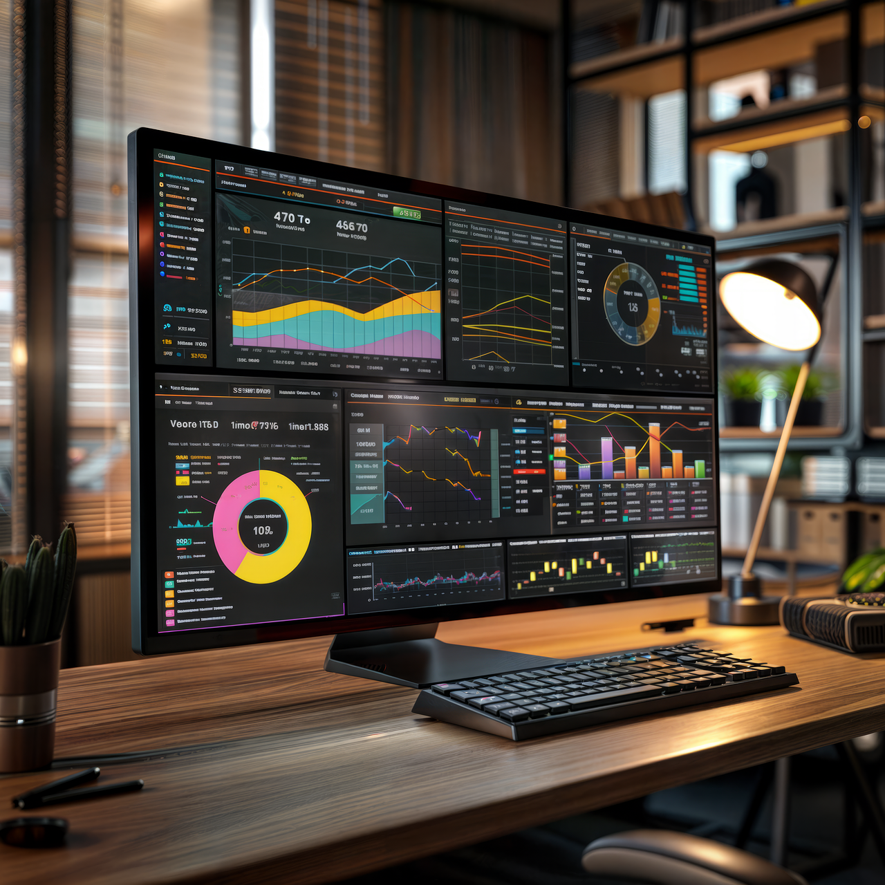 책상 위에 놓인 모니터에 대시보드 현황판이 펼쳐져 있다.