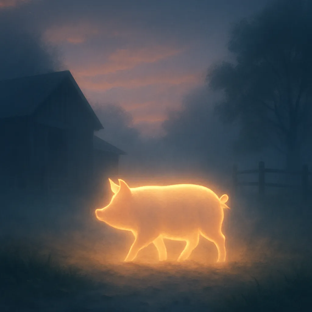안개 낀 농장에서 빛나는 돼지 실루엣이 걷는 몽환적 풍경