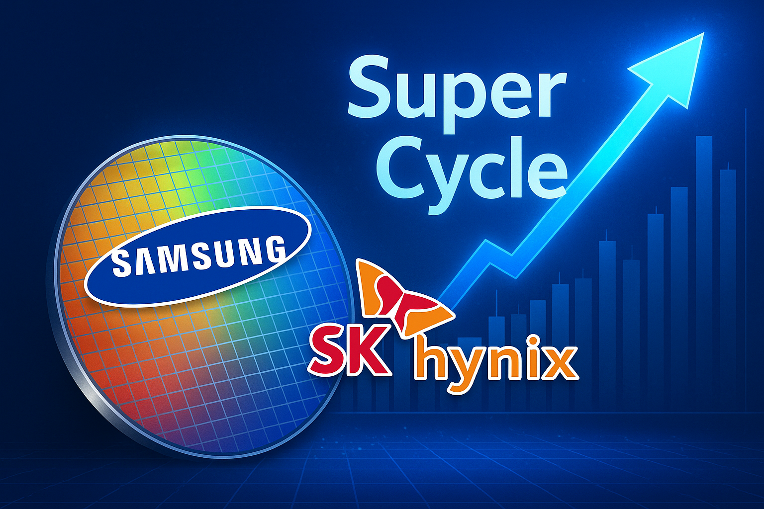 반도체 웨이퍼 위로 삼성전자와 SK하이닉스 로고가 떠 있고, 뒤로는 파란 상승 그래프와 'Super Cycle' 문구가 빛나는 디지털 인포그래픽.