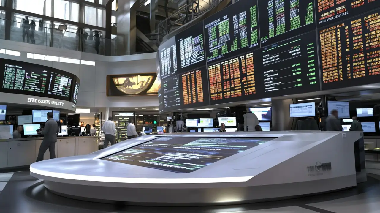 미국 주식 시장의 ETF 지수와 미래 시장 트렌드를 보여주는 거래소의 활기찬 모습으로 투자 기회와 시장 분석을 강조합니다.