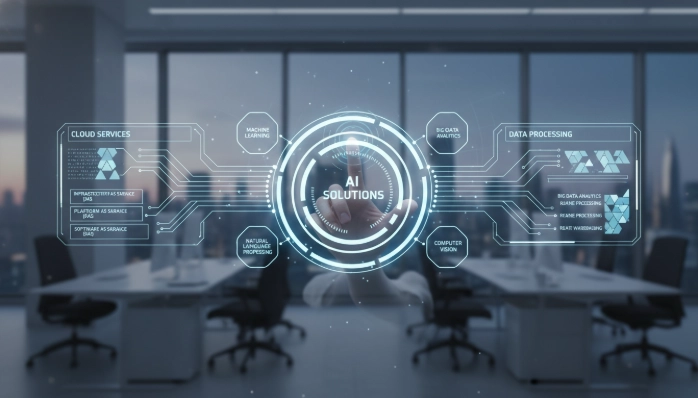 AI, 데이터, 클라우드 기술이 통합된 디지털 대시보드를 통해 기업의 디지털 혁신을 지원하는 모습을 표현한 이미지입니다.