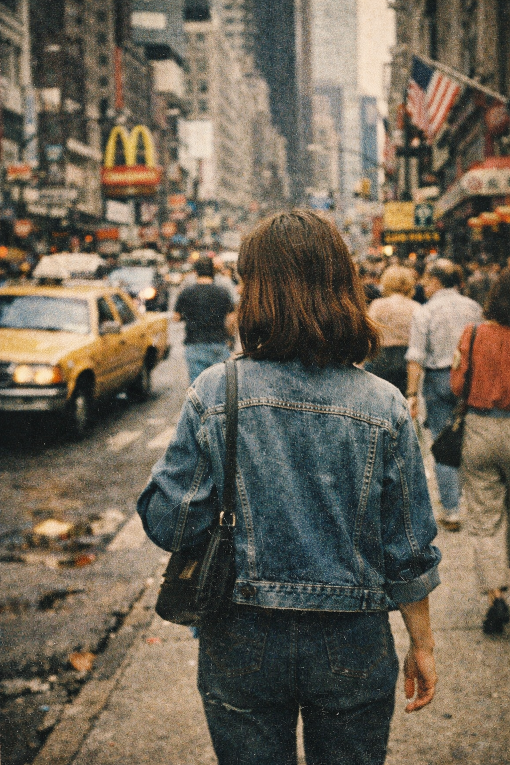 Vintage-style photo of the back of a young woman walking through 1980s New York streets, with a grainy, film-like quality