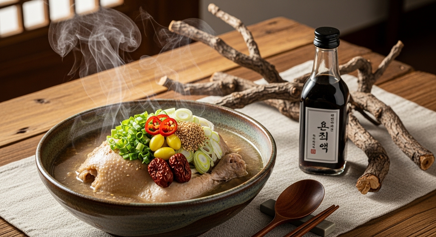 따뜻하고 먹음직스러운 옻닭과 건강 음료 옻 진액, 옻나무 가지가 함께 놓인 모습.