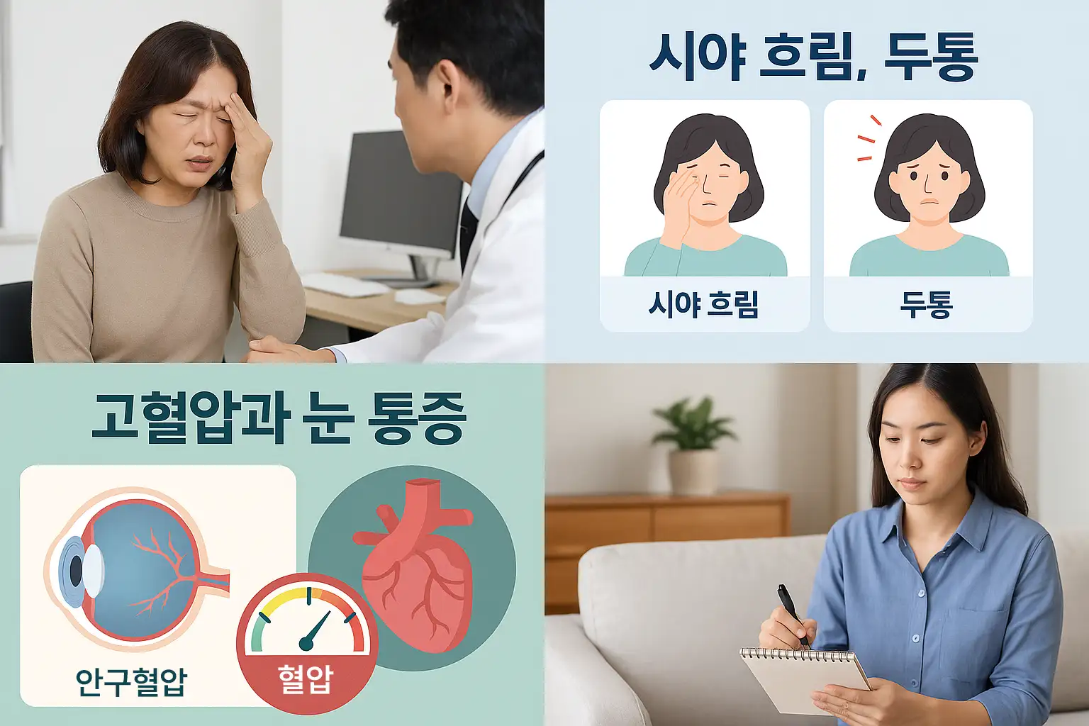 강한 눈 통증으로 병원을 찾는 중년 여성, 시야 흐림이나 두통을 동반한 상황, 고혈압과 눈 통증의 연관성, 진료 전 증상 정리하는 모습