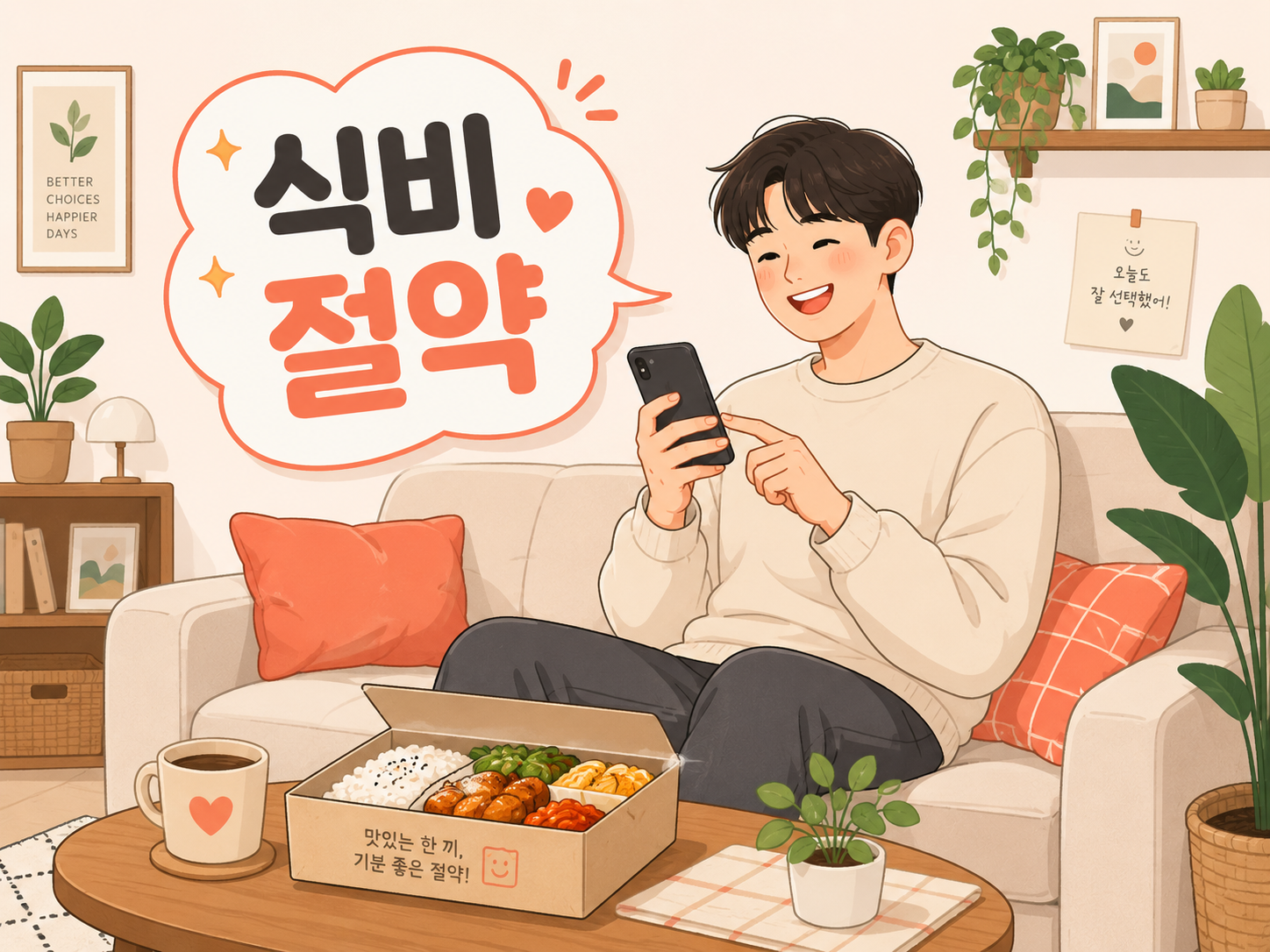 거실에서 스마트폰으로 편리하게 배달 음식을 주문하는 일상 라이프스타일